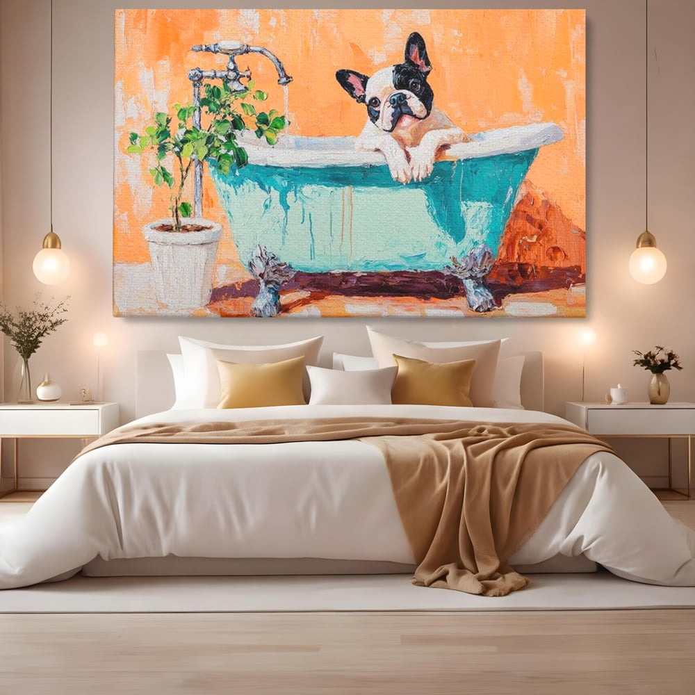 Tablou canvas cu tablou canvas cu bulldog in cada, fara rama, pe sasiu de lemn, pe perete intr-un dormitor